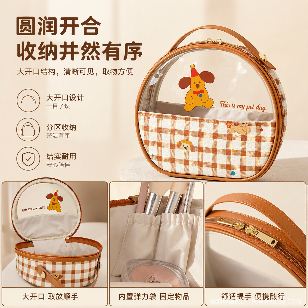 Cute little dog checkered makeup bag for women, large-capacity waterproof fabric, portable transparent and visible hand-held storage bag, ins style, high appearance level, travel skin care product storage bag, waterproof toiletry bag, portable makeup bag for going out