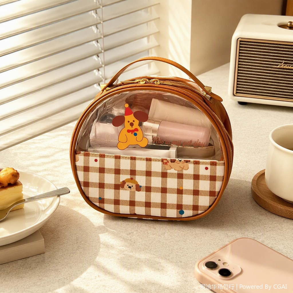 Cute little dog checkered makeup bag for women, large-capacity waterproof fabric, portable transparent and visible hand-held storage bag, ins style, high appearance level, travel skin care product storage bag, waterproof toiletry bag, portable makeup bag for going out Item Picture