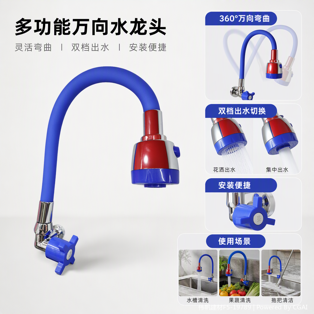 Multi-color flexible kitchen washbasin water pipe, pressure-resistant and foldable blue hose faucet accessory