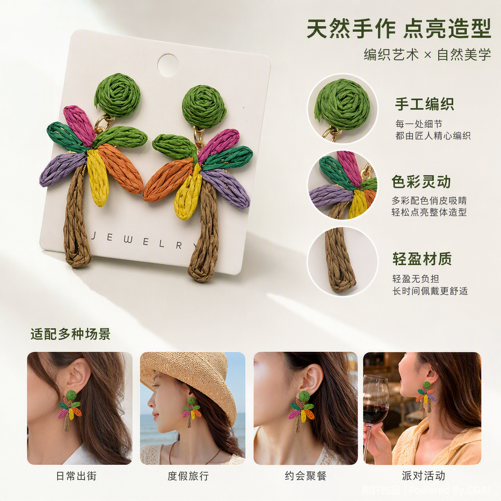 彩色纸绳棕榈树造型耳环时尚个性潮流耳饰手工创意耳坠女生配饰