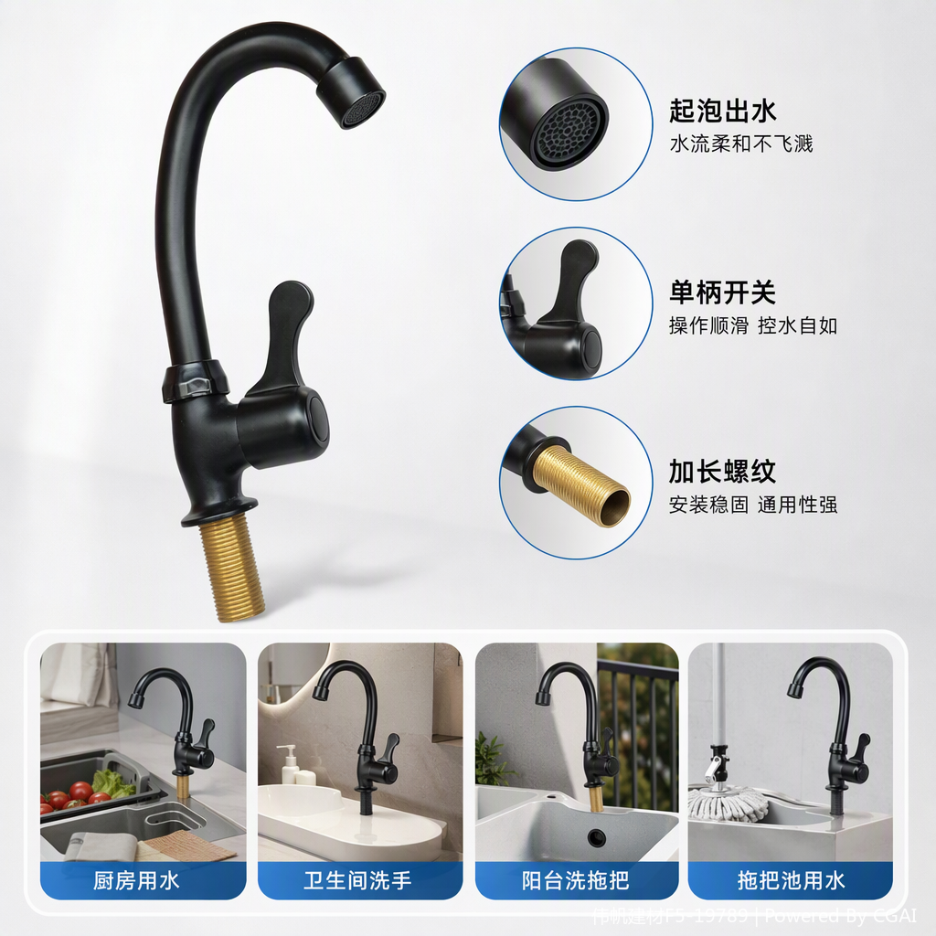 Fashionable black kitchen washbasin faucet, anti-rust, durable and simple sink faucet accessory