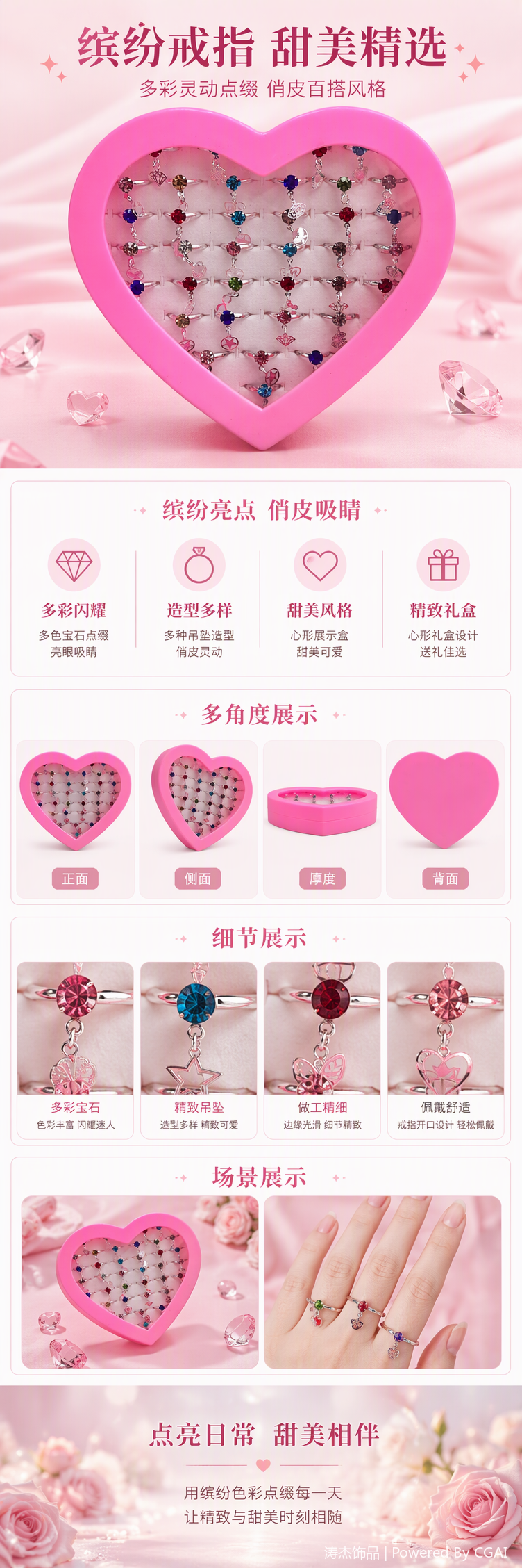 粉色心形首饰盒内陈列多彩宝石戒指时尚饰品收纳礼物赠品详情1