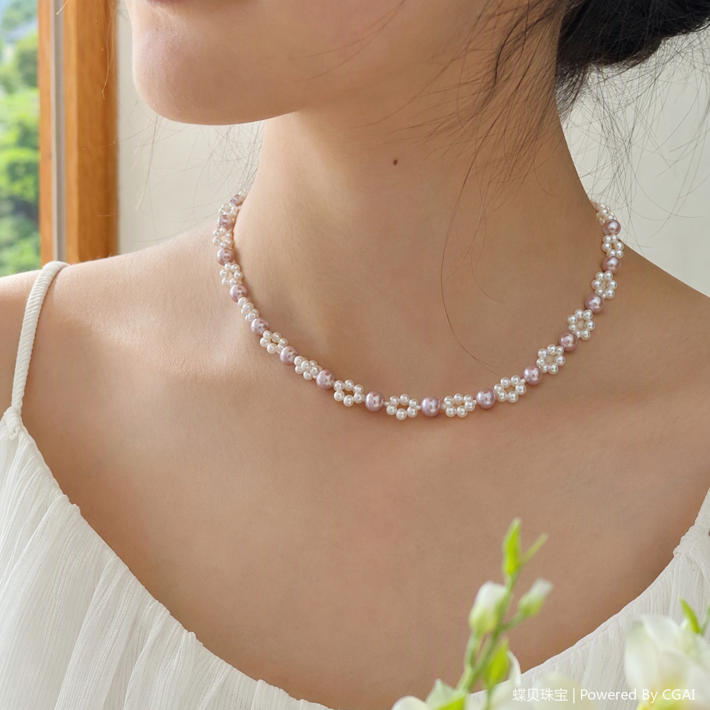 The light purple and white pearl woven necklace is elegant, fashionable and versatile. It's a perfect gift for your girlfriend details Picture