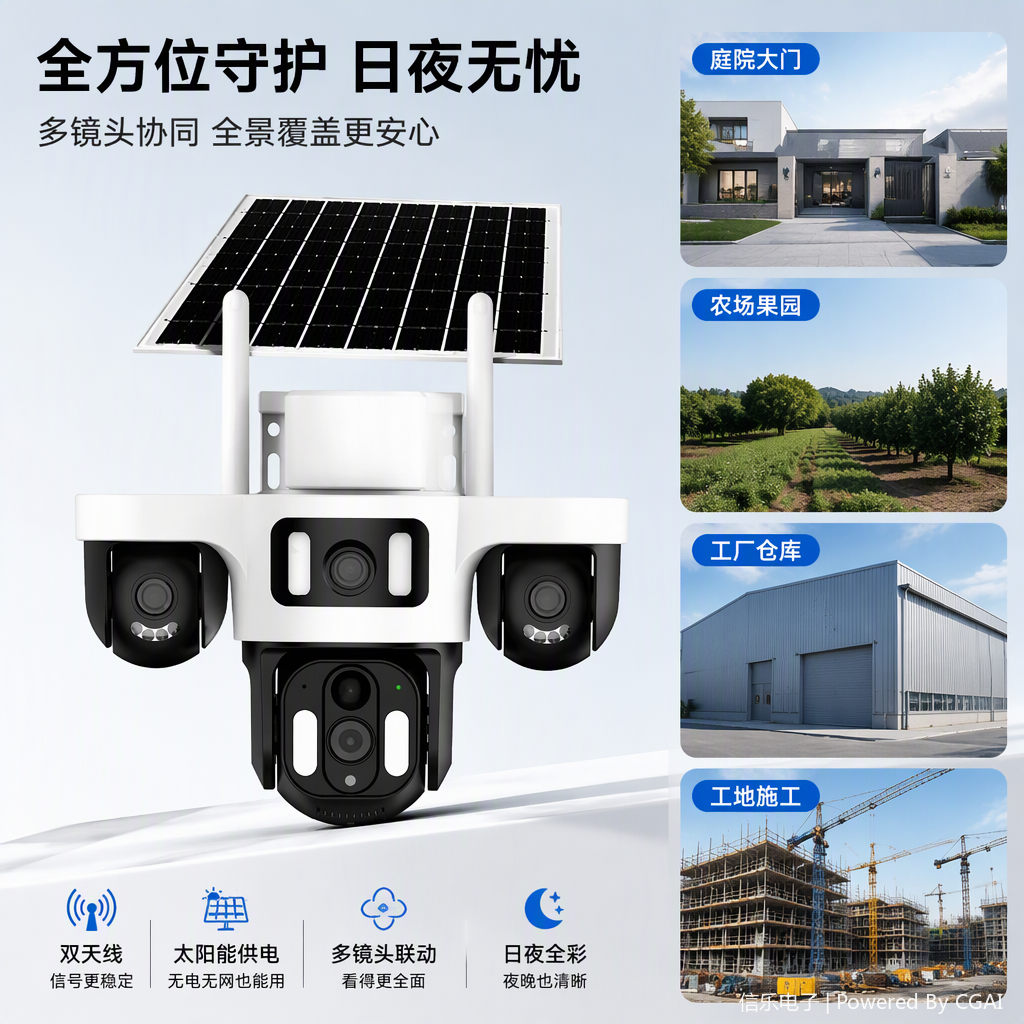 White solar-powered surveillance camera, high-definition night vision, waterproof wireless security monitoring equipment, home monitoring system