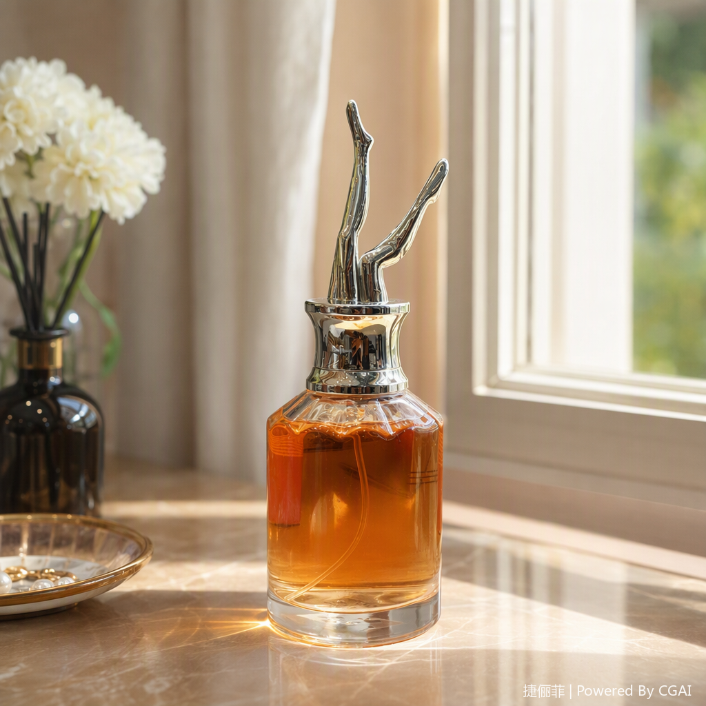 Golden high-heeled leg-shaped bottle cap transparent glass perfume bottle, an elegant and fashionable ladies' fragrance container details Picture