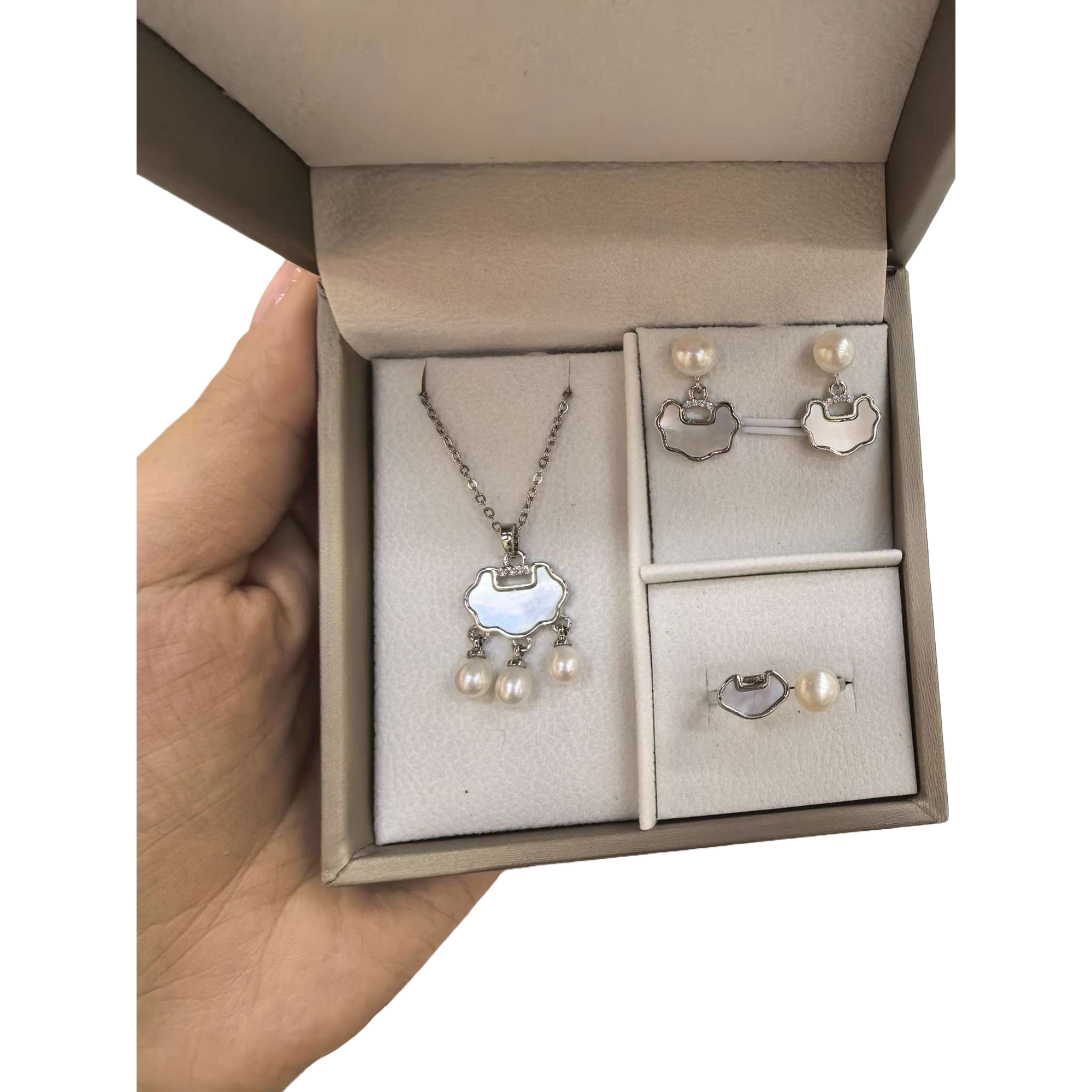 Серебристый жемчужный костюм, серьги, кольца, элегантные женские украшения, подарочные коробки Item Picture