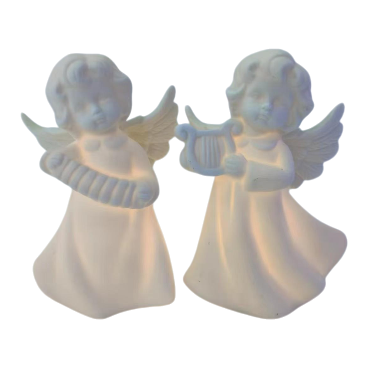 A white angel statue holding an instrument, a luminous ornament, a romantic decorative art piece, and a creative home decor Item Picture