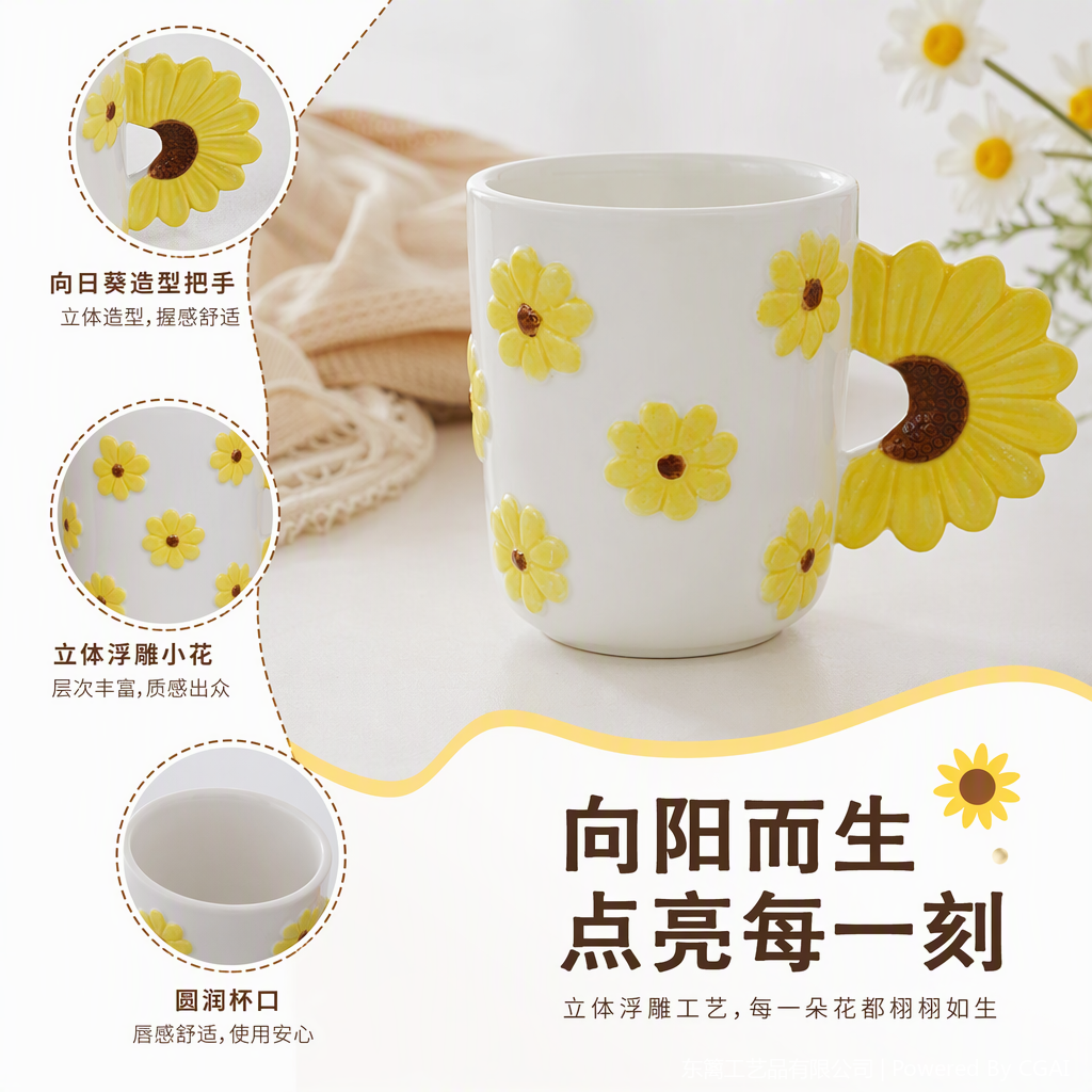 A creative coffee and tea set for home use with a white ceramic cup decorated with yellow daisies and a daisy-shaped handle