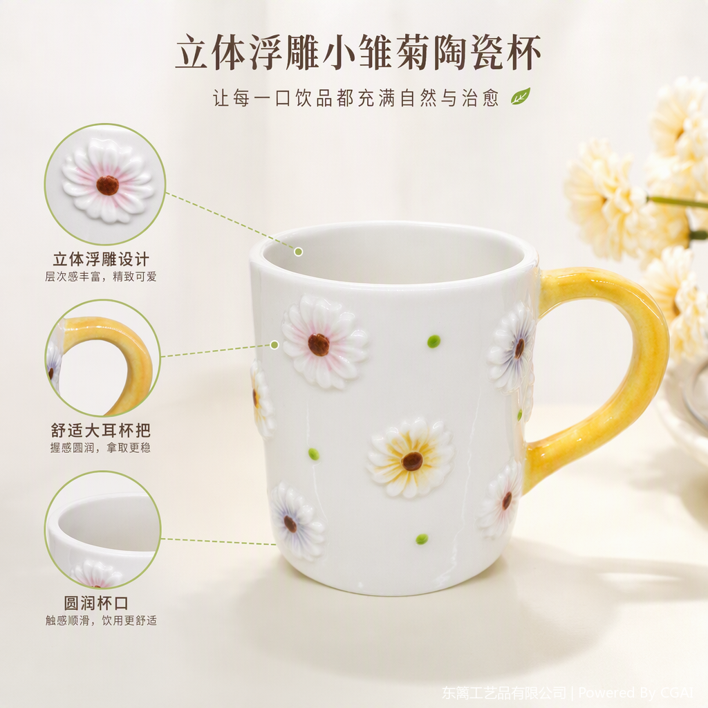 White ceramic cups with Daisy decorations, simple and creative breakfast, coffee and tea sets, home and office water cups, gift items