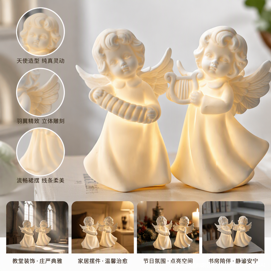 A white angel statue holding an instrument, a luminous ornament, a romantic decorative art piece, and a creative home decor