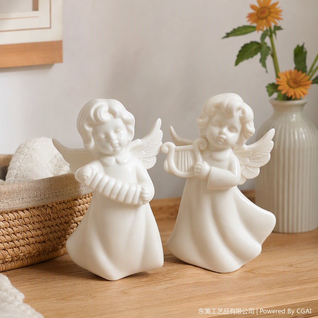 A white angel statue holding an instrument, a luminous ornament, a romantic decorative art piece, and a creative home decor details Picture