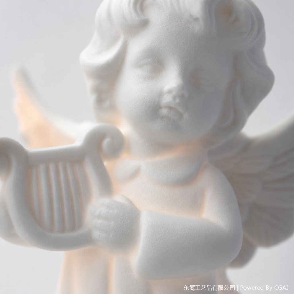 A white angel statue holding an instrument, a luminous ornament, a romantic decorative art piece, and a creative home decor Application Scenario