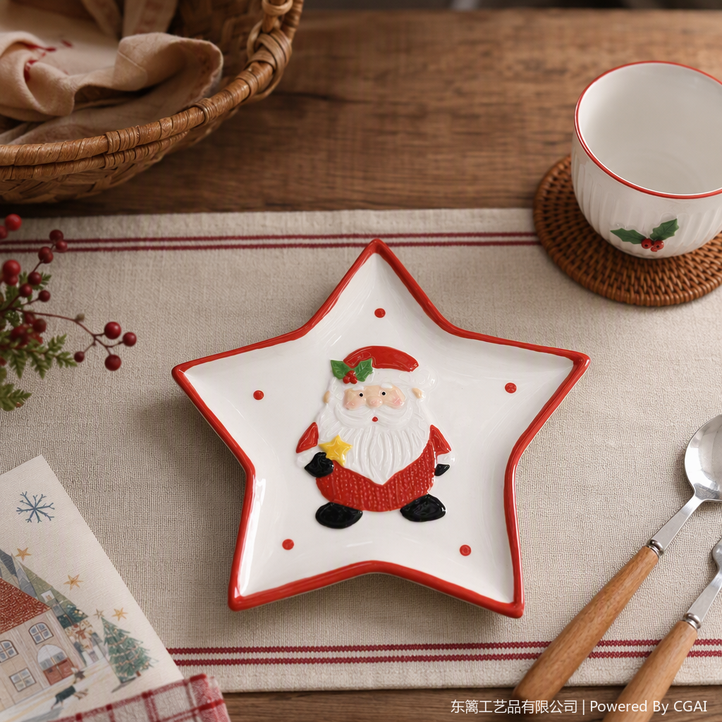 Santa Claus ceramic plate with red border and white star-shaped festive tableware decoration as a gift details Picture