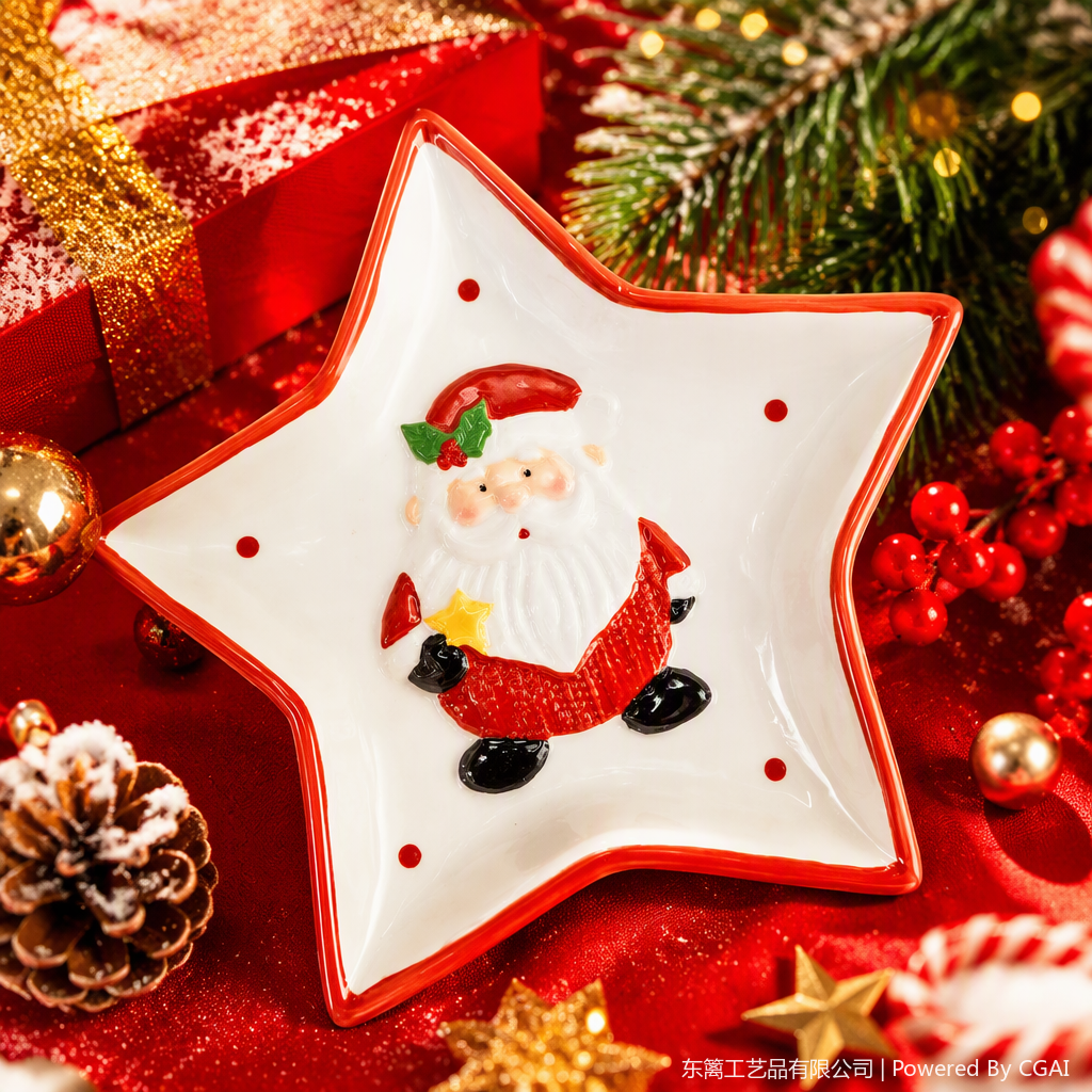Santa Claus ceramic plate with red border and white star-shaped festive tableware decoration as a gift Specification image