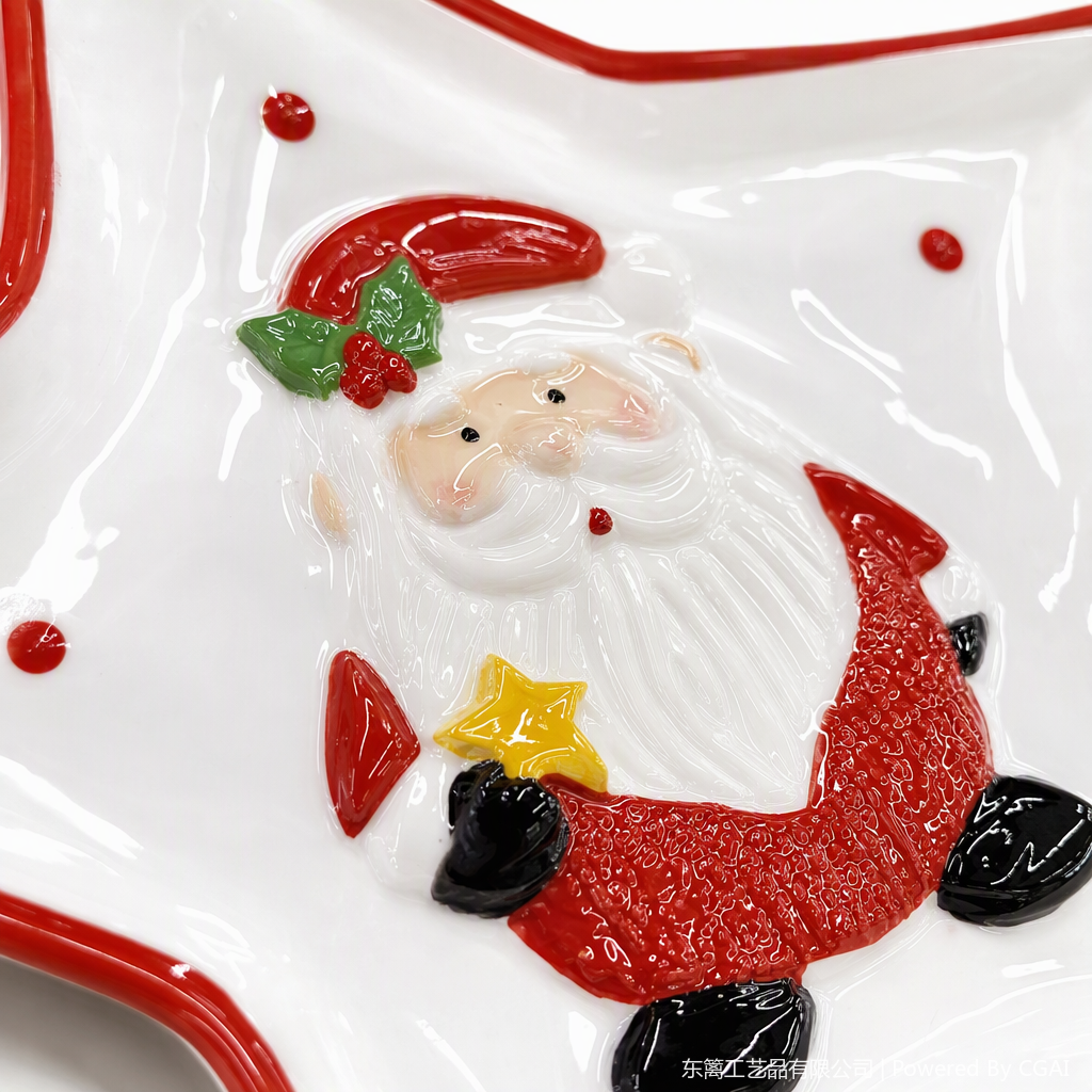 Santa Claus ceramic plate with red border and white star-shaped festive tableware decoration as a gift Application Scenario