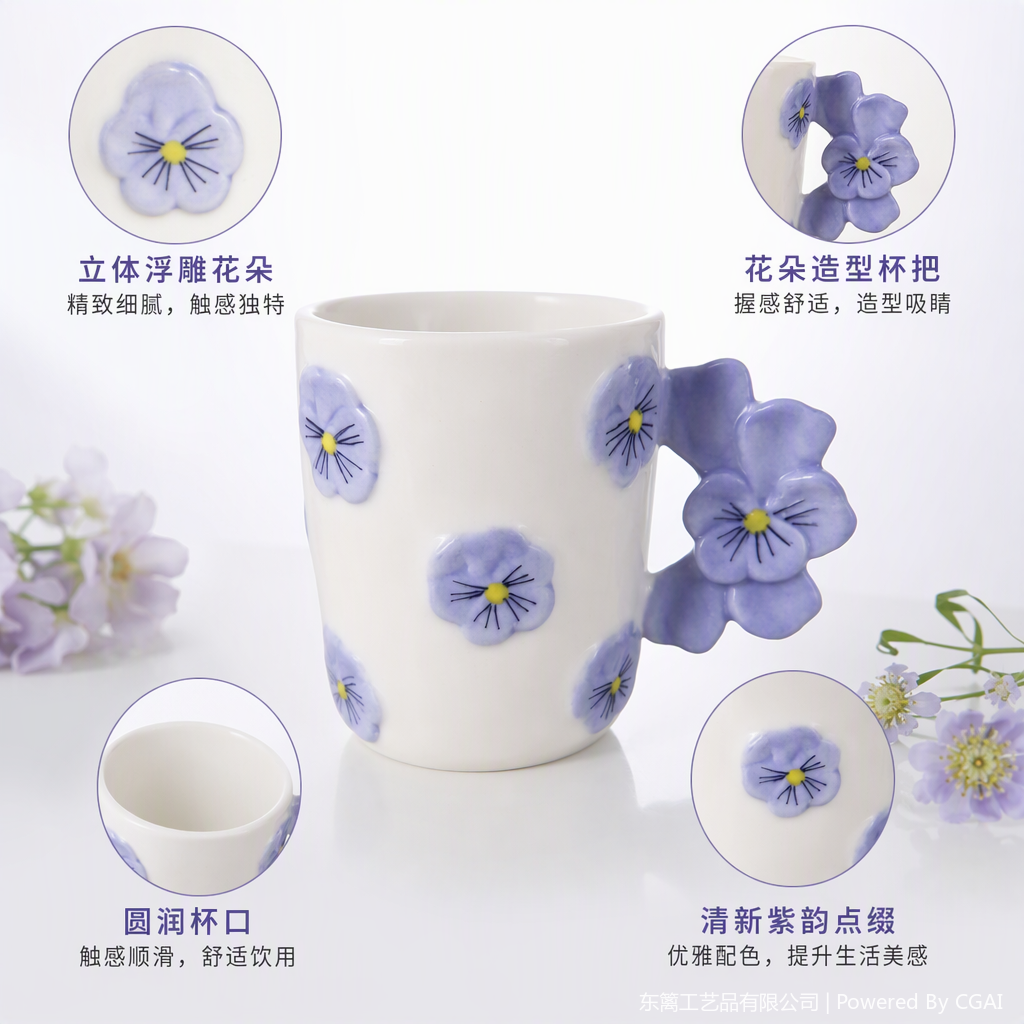 White ceramic cup, purple pansy flower decoration, simple and creative coffee and tea set, home and office gift