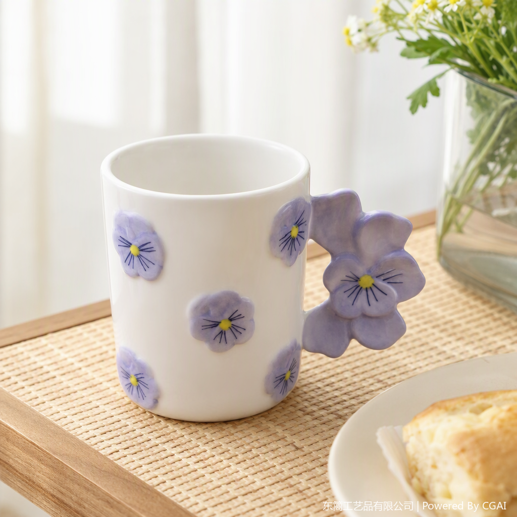 White ceramic cup, purple pansy flower decoration, simple and creative coffee and tea set, home and office gift details Picture