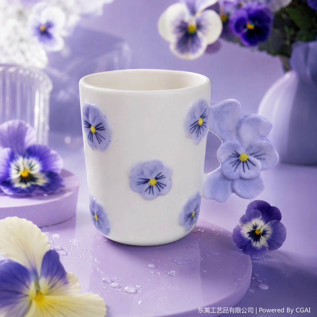 White ceramic cup, purple pansy flower decoration, simple and creative coffee and tea set, home and office gift Specification image