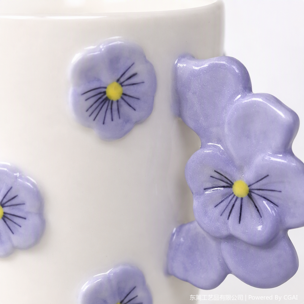 White ceramic cup, purple pansy flower decoration, simple and creative coffee and tea set, home and office gift Application Scenario