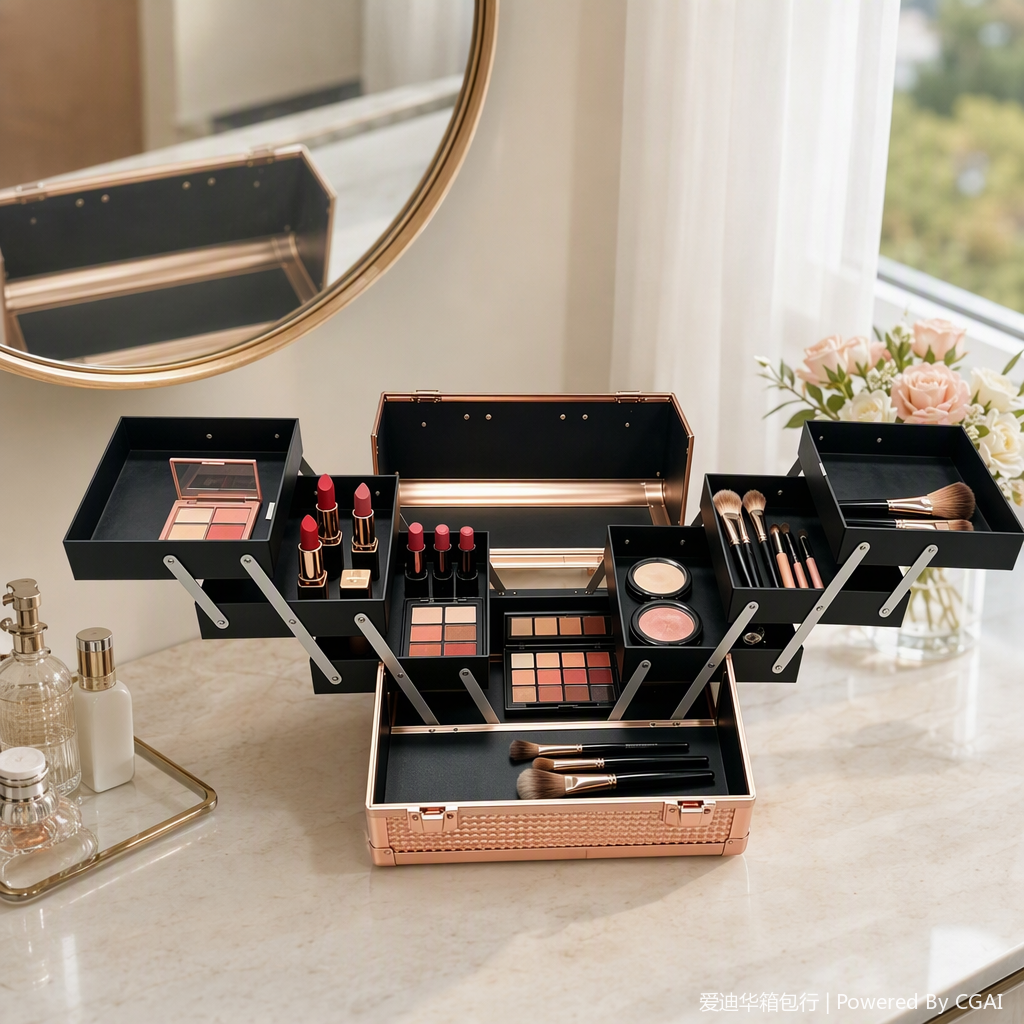 Rose gold aluminum alloy ABS fabric grainy hand-held makeup box with diamond-shaped texture, multi-layer unfolding with lock, large-capacity storage box. Professional toolbox for makeup artists, nail and eyelash care, portable makeup storage box, available in multiple colors Item Picture