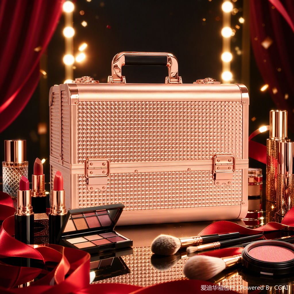 Rose gold aluminum alloy ABS fabric grainy hand-held makeup box with diamond-shaped texture, multi-layer unfolding with lock, large-capacity storage box. Professional toolbox for makeup artists, nail and eyelash care, portable makeup storage box, available in multiple colors