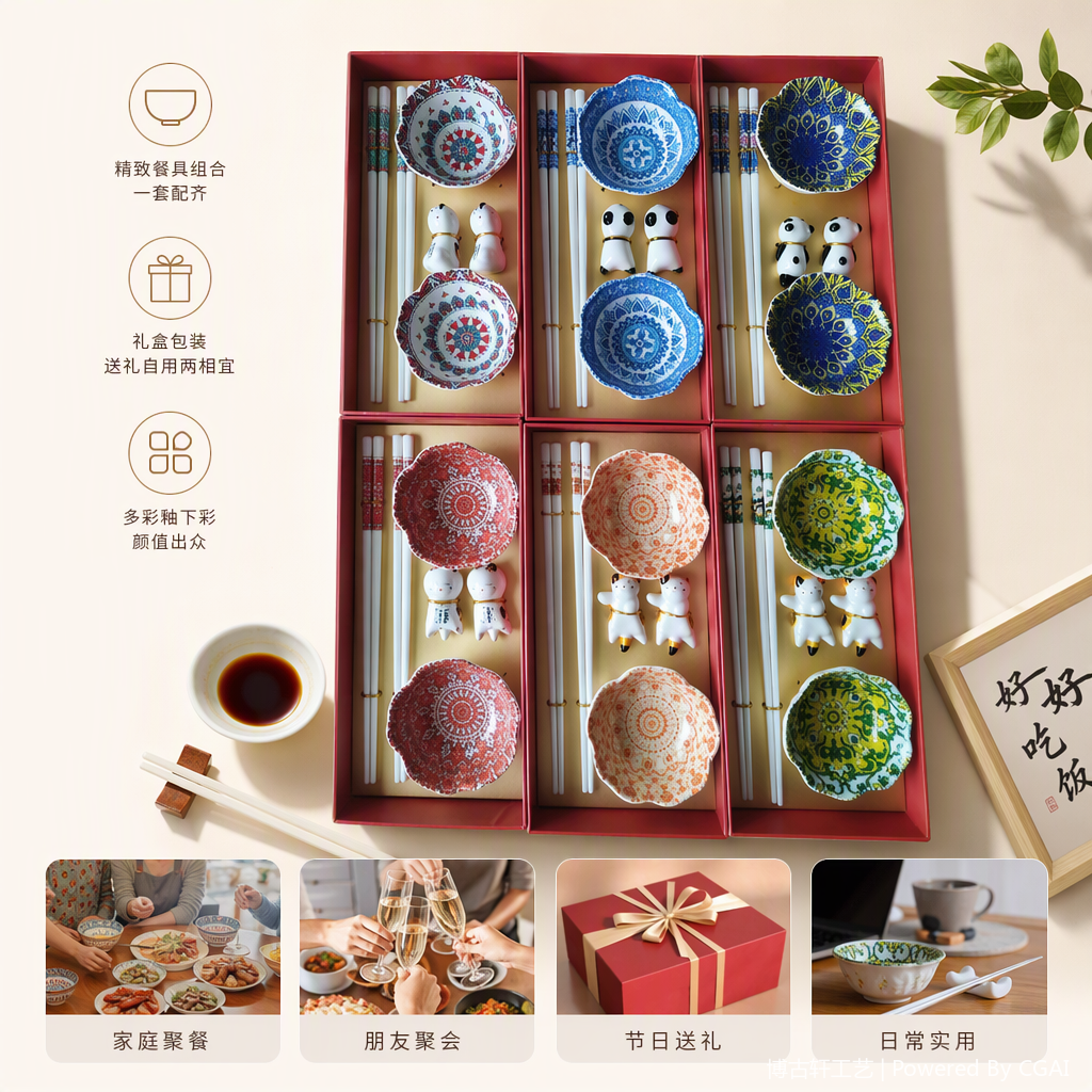 多彩花纹陶瓷小碗套装餐具家用创意简约饭碗碟组合礼品装