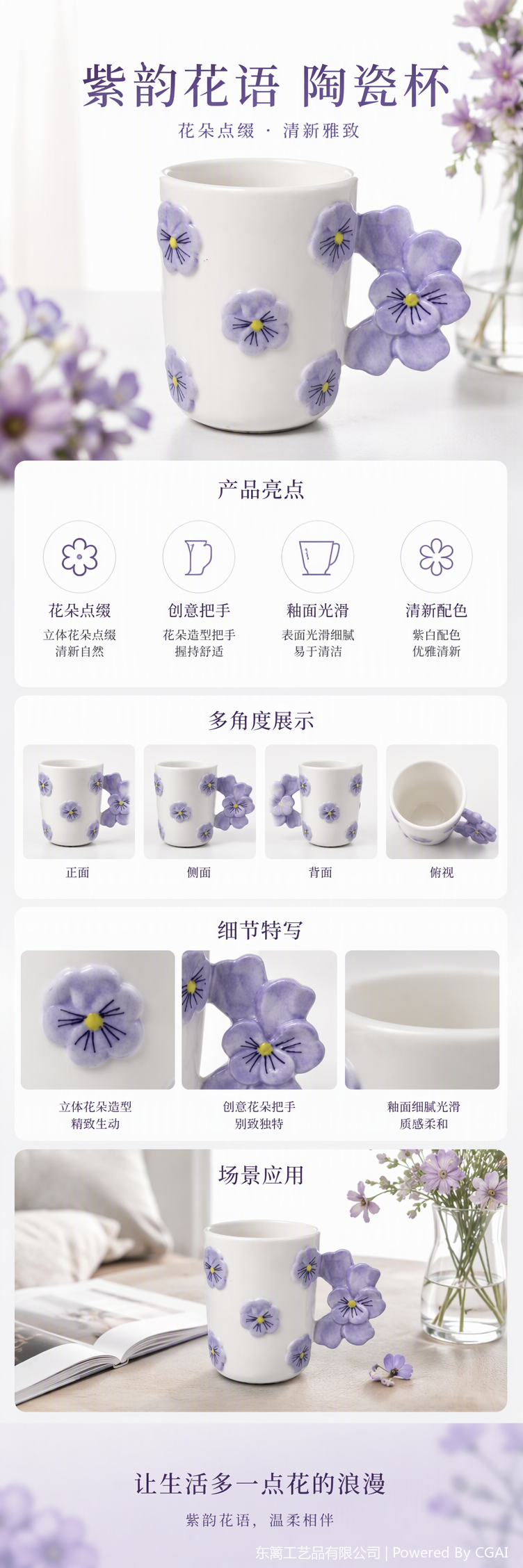 White ceramic cup, purple pansy flower decoration, simple and creative coffee and tea set, home and office gift pic 1