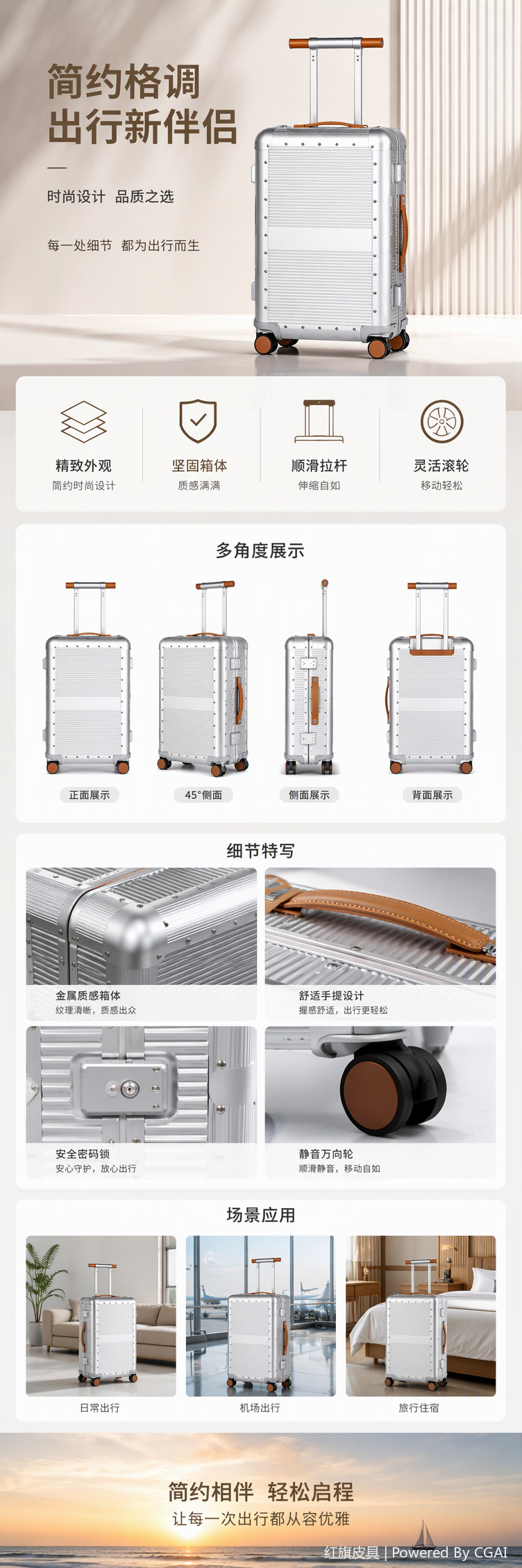 航空铝镁合金时尚耐用登机箱拉杆箱旅行箱行李箱银色大容量防刮商务旅行箱详情1