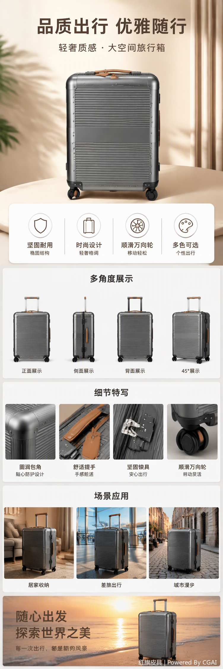 时尚银灰色条纹拉杆箱大容量耐磨旅行箱行李箱箱包男女通用详情1