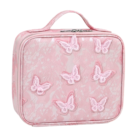 High-appearance-level three-dimensional embroidered butterfly makeup box, portable large-capacity cosmetics storage box, adjustable partition, travel beauty bag, waterproof lace fabric, blue, pink and gray three-color girlish style storage box pic 6