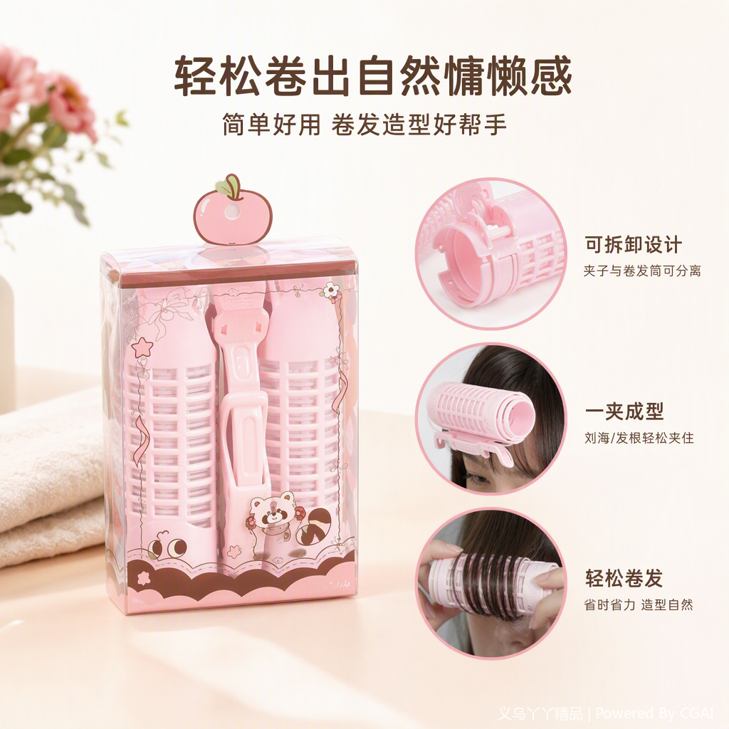 彩色卷发棒套装两件夹子苹果小熊图案包装创意发型工具礼盒赠品
