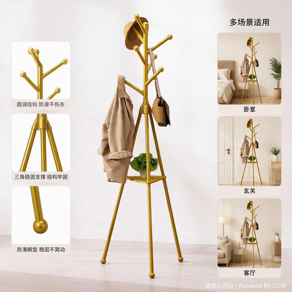 多功能金色旋转衣帽架360度转动实用挂钩衣架收纳架家用简约风格