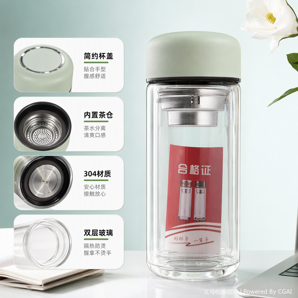 Fashionable double-layer glass water cup, light green lid transparent heat-resistant portable drinking cup, creative tea cup, student home use