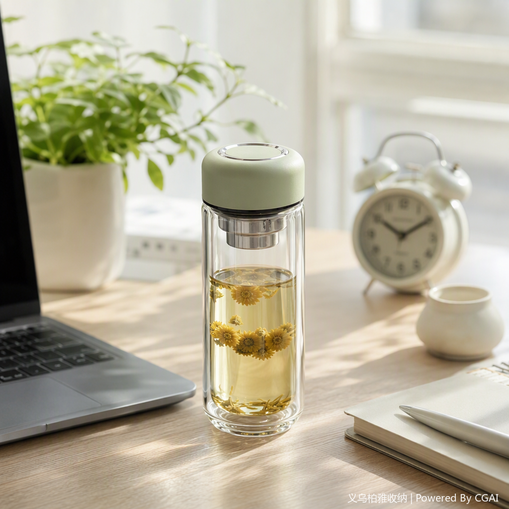 Fashionable double-layer glass water cup, light green lid transparent heat-resistant portable drinking cup, creative tea cup, student home use details Picture