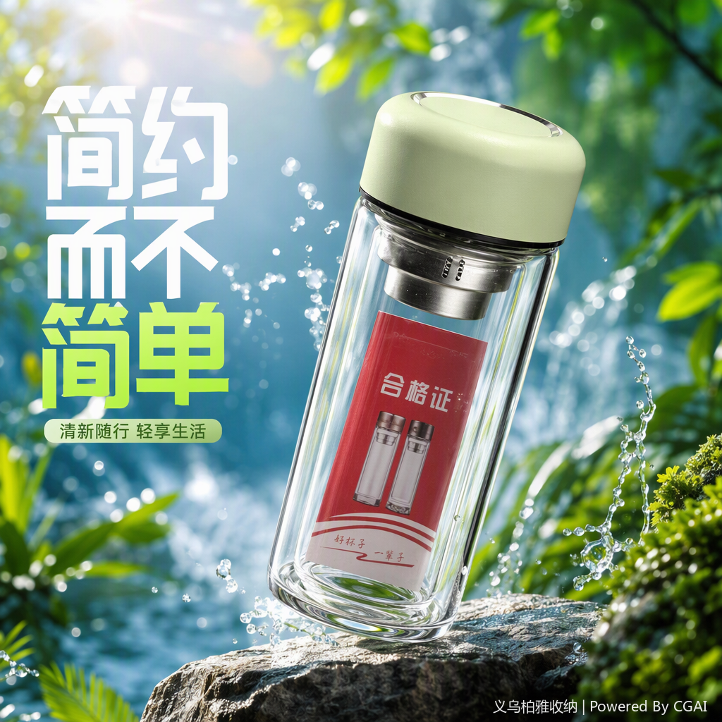 Fashionable double-layer glass water cup, light green lid transparent heat-resistant portable drinking cup, creative tea cup, student home use Specification image