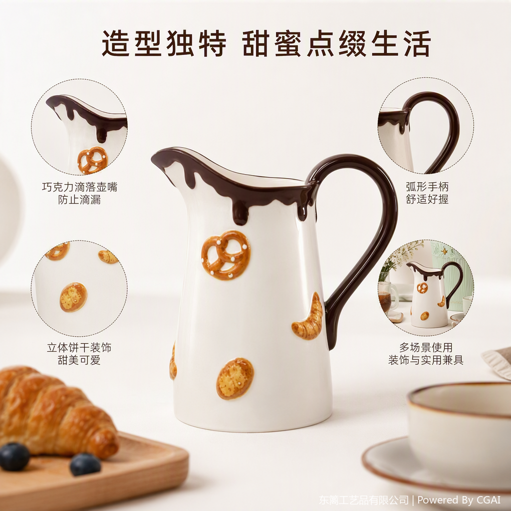 White ceramic milk pot with chocolate drip decoration and pretzel pattern creative coffee milk set and home tea set decoration