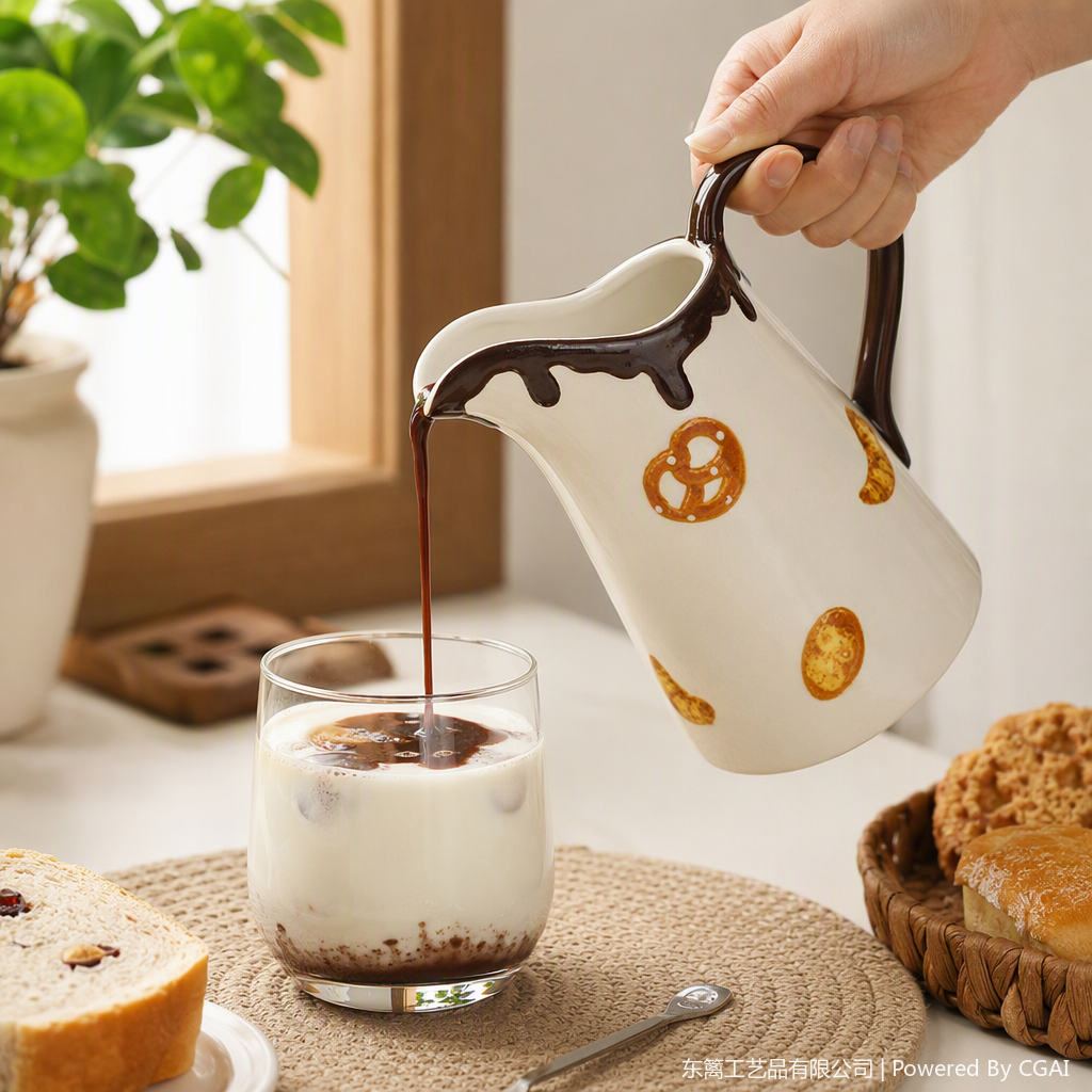 White ceramic milk pot with chocolate drip decoration and pretzel pattern creative coffee milk set and home tea set decoration details Picture