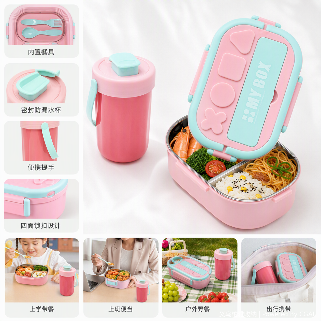 Colorful pink and blue border portable lunch box, children and students' lunch box, plastic sealed lunch box with lid, portable tableware