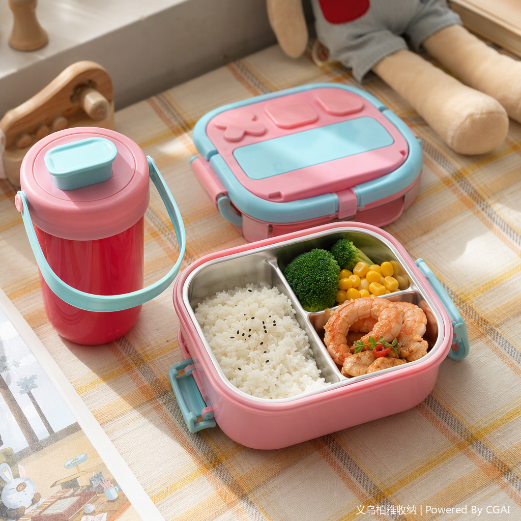 Colorful pink and blue border portable lunch box, children and students' lunch box, plastic sealed lunch box with lid, portable tableware details Picture