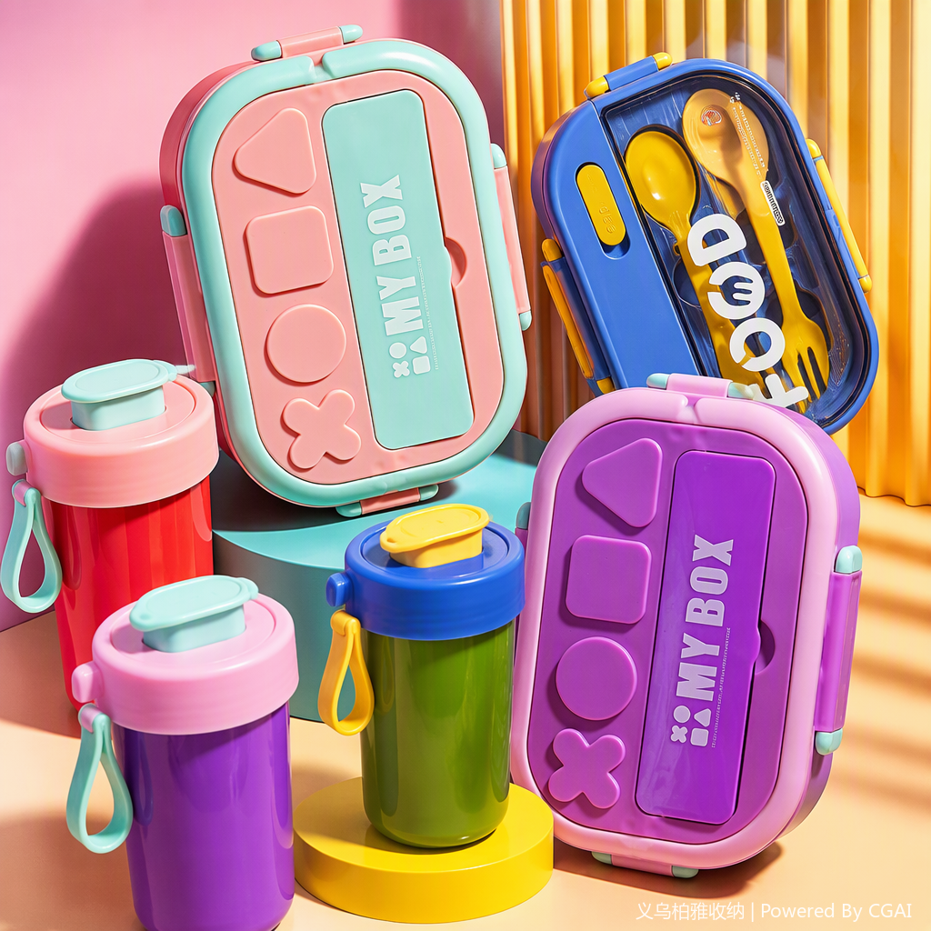 Colorful pink and blue border portable lunch box, children and students' lunch box, plastic sealed lunch box with lid, portable tableware Specification image