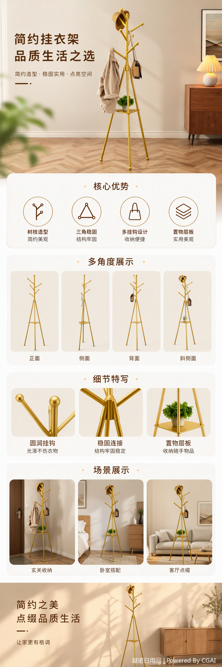 多功能金色旋转衣帽架360度转动实用挂钩衣架收纳架家用简约风格详情1