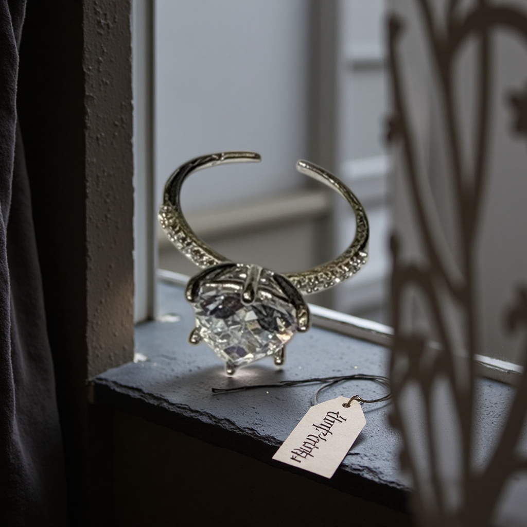 A silver open ring with a heart-shaped transparent gemstone in the center and small diamonds on the side, a fashionable accessory for women Specification image