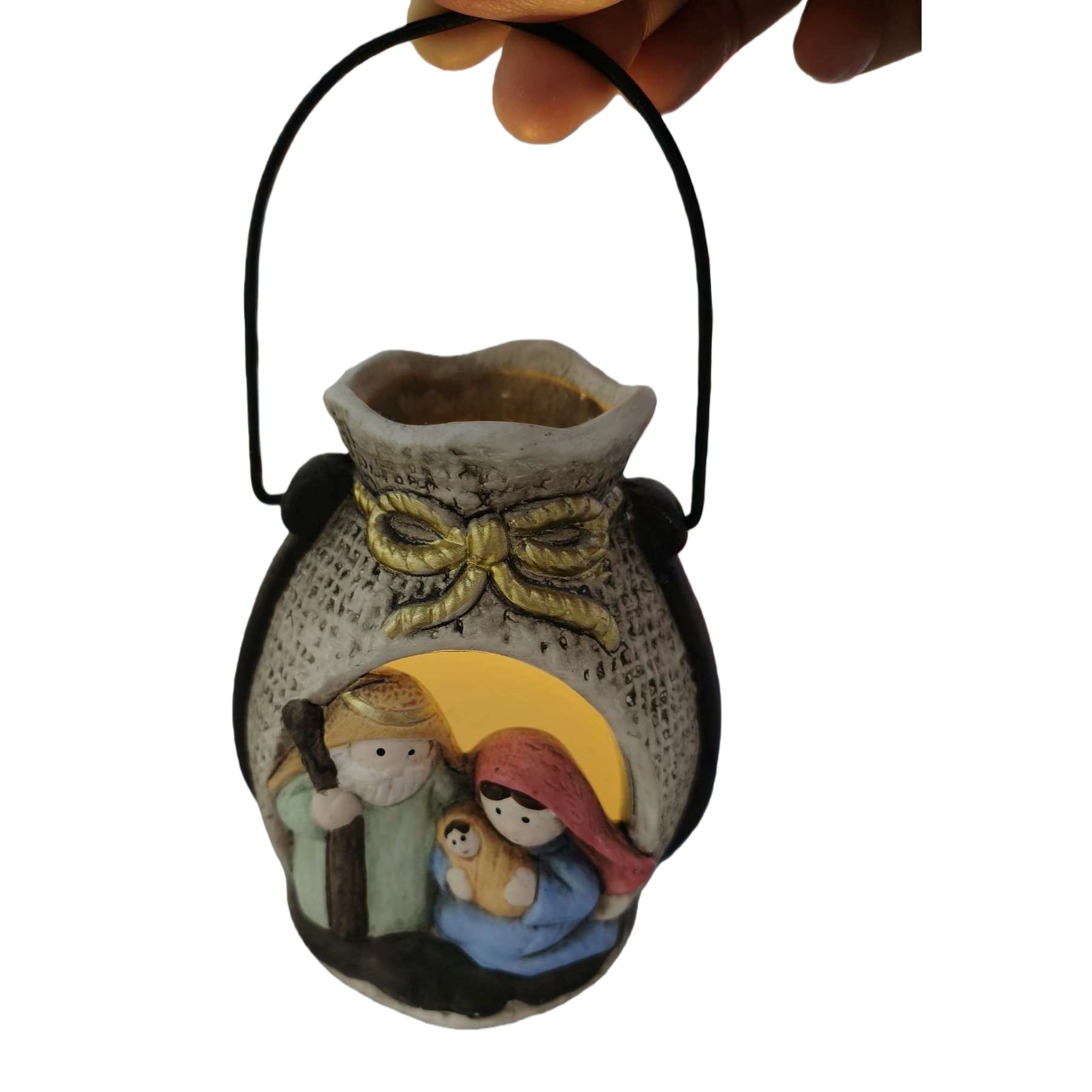 Christmas-themed ceramic lanterns, golden bow decorations, black handles, Holy Family statue ornaments, holiday gifts Item Picture