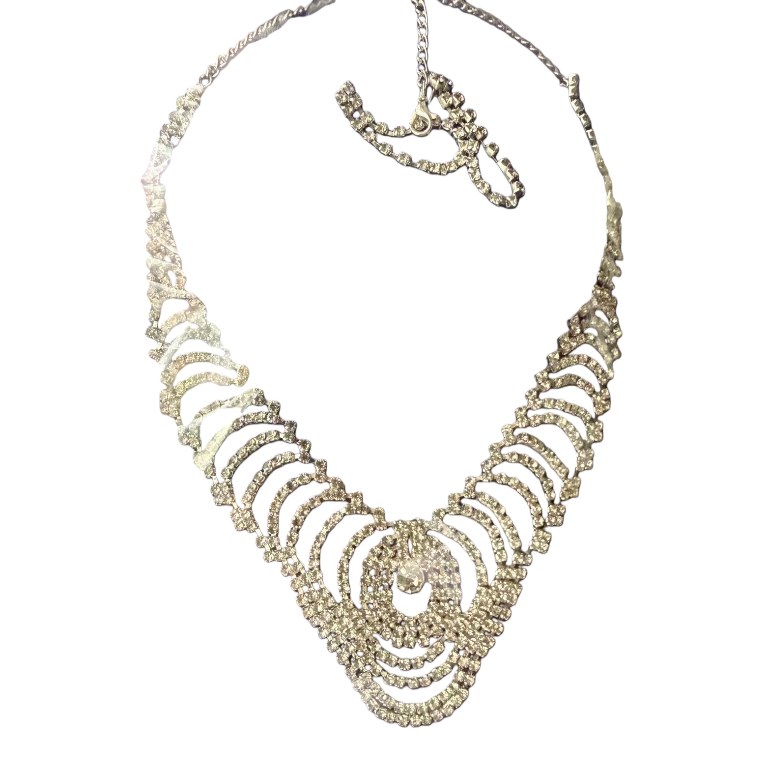 Multi-layer wavy arc design crystal spiral necklace, silver diamond-encrusted fashionable accessory, wrapped in a deep blue background Item Picture