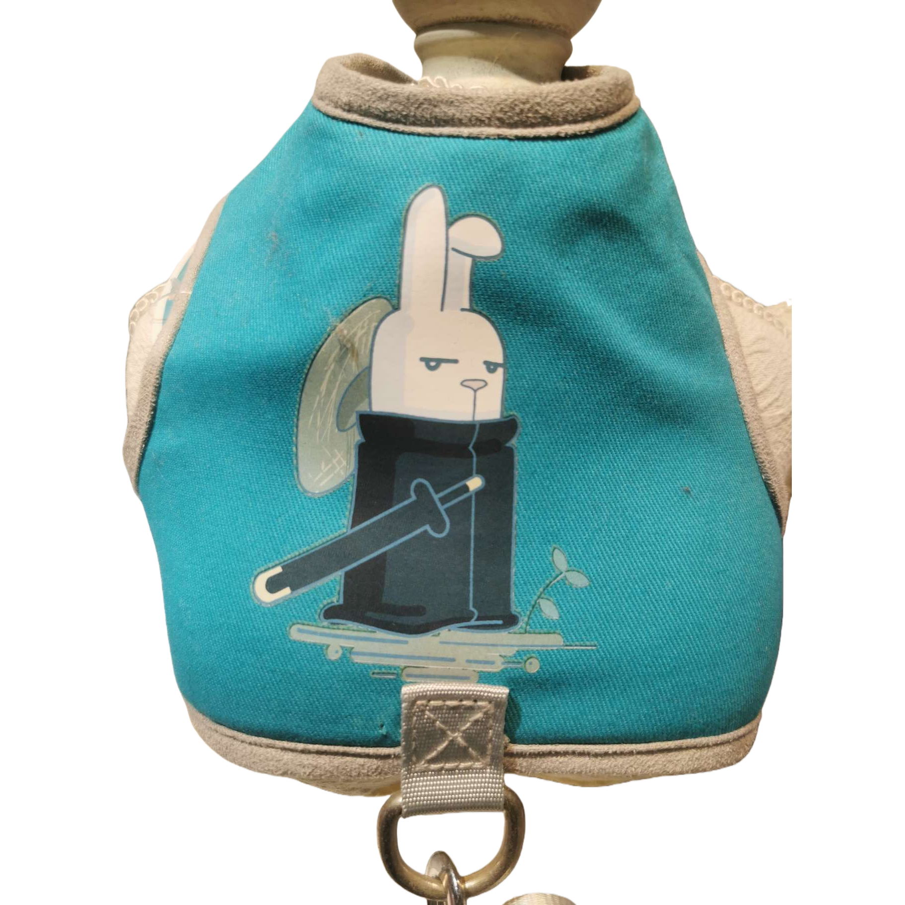 Green pet vest, white rabbit holding a sword, skateboard pattern, comfortable and breathable pet clothing and pet supplies Item Picture
