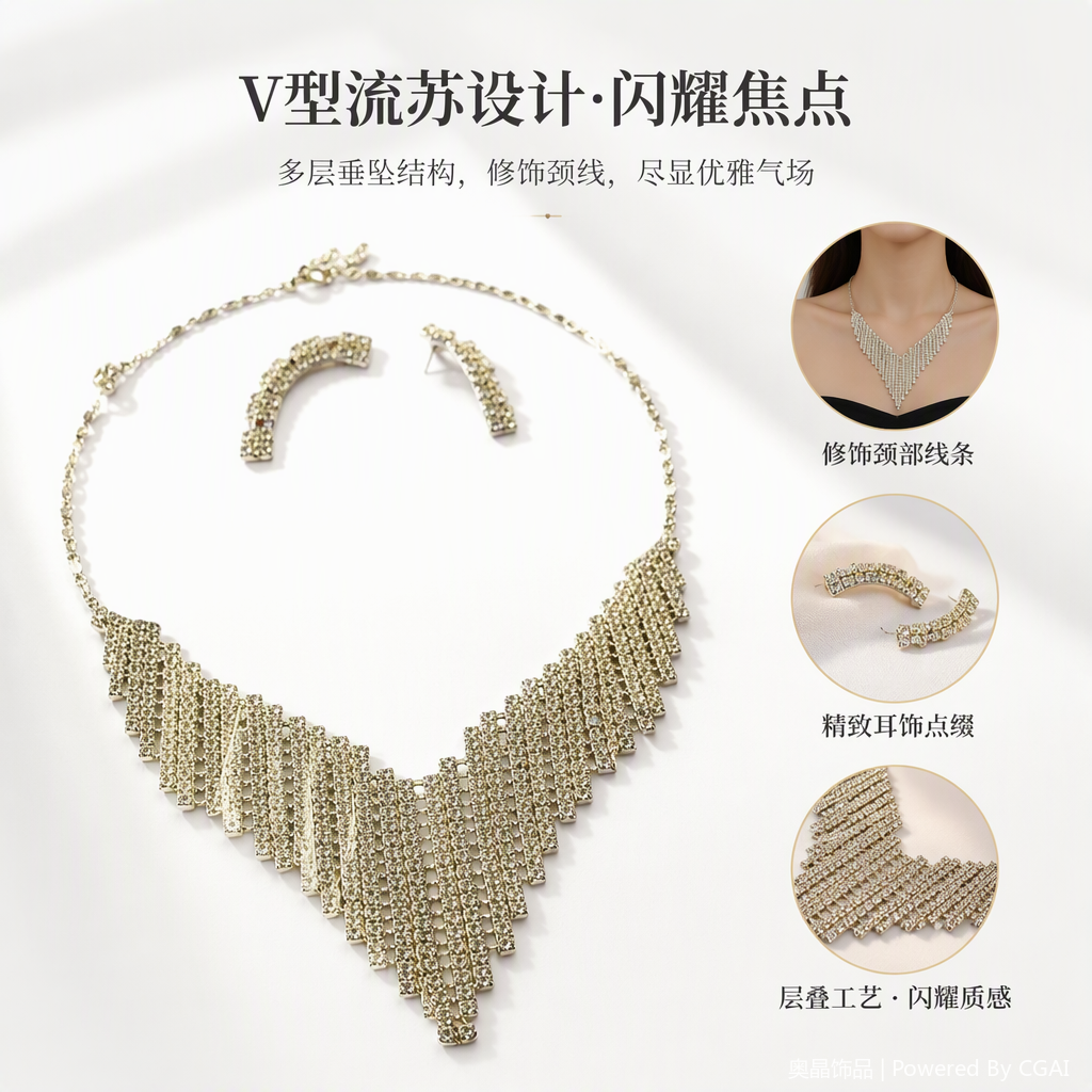 Shining silver rhinestone necklace set, fashionable, versatile and elegant ladies' accessory gift box