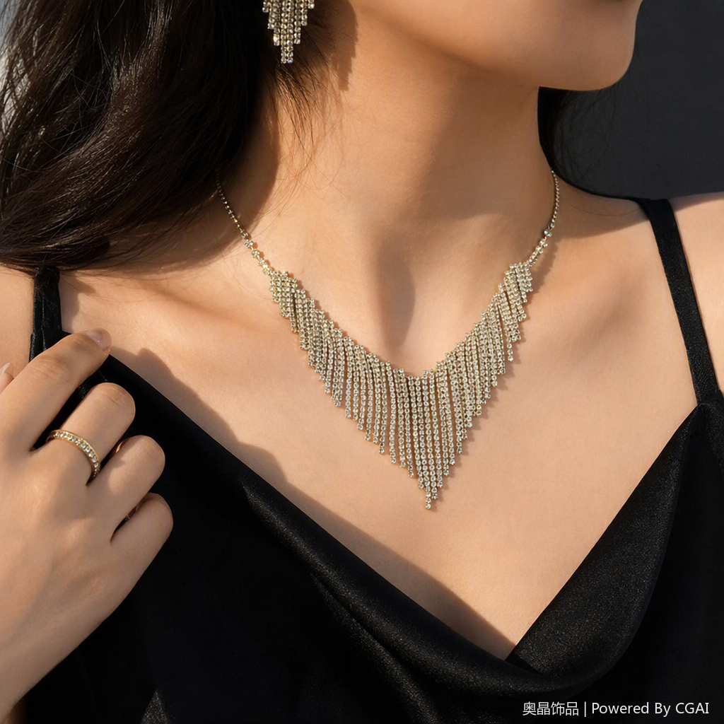 Shining silver rhinestone necklace set, fashionable, versatile and elegant ladies' accessory gift box details Picture