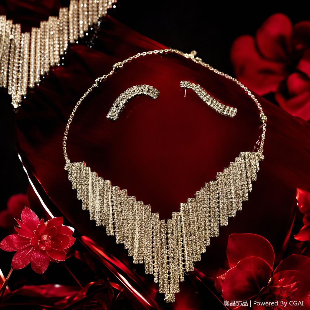 Shining silver rhinestone necklace set, fashionable, versatile and elegant ladies' accessory gift box Specification image
