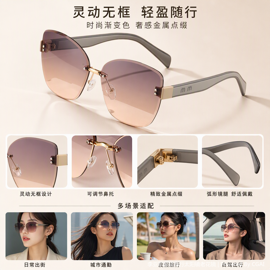 Fashionable and trendy gradient color frameless sunglasses, polarized UV protection, lightweight and versatile