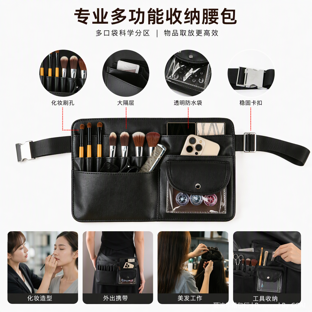 Professional makeup artist waist bag with makeup kit, large-capacity portable PU leather makeup brush storage bag, adjustable waist bag, multi-functional storage bag for beauticians and hairdressers, waterproof, wear-resistant and practical, Aidihua 042LZ Item Picture